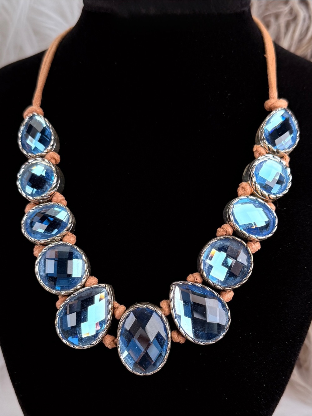 Blue Faceted Cabochon Statement Necklace Silvertone Tan Cord Chunky Bib